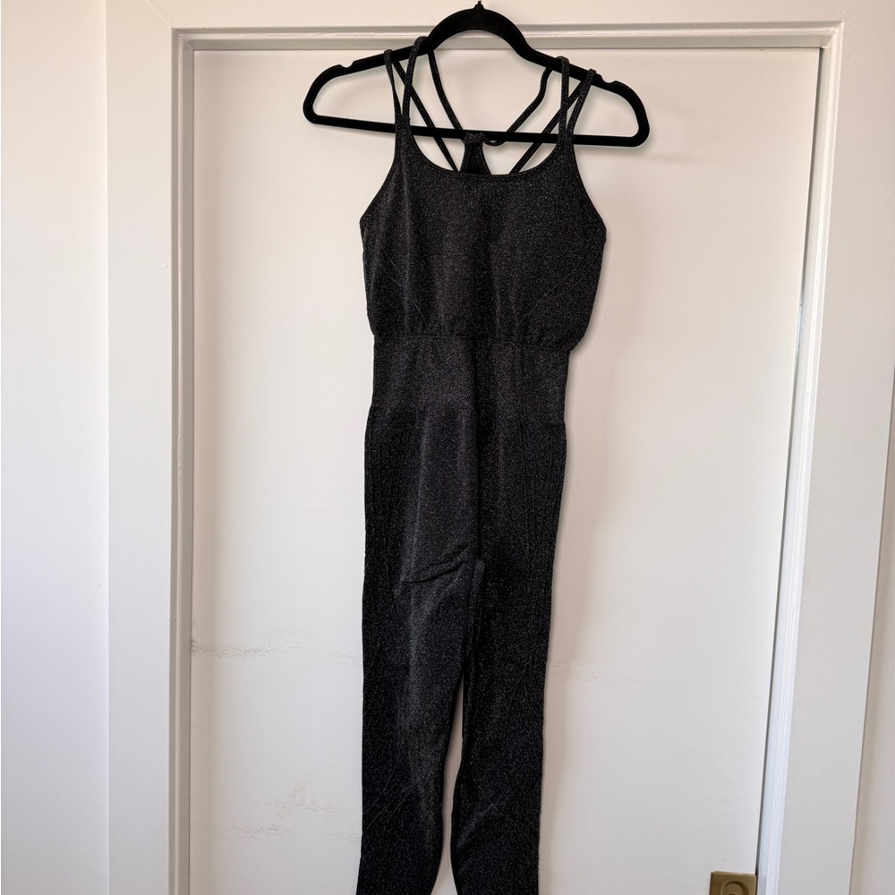 Fabletics Strappy Black Metallic Jumpsuit